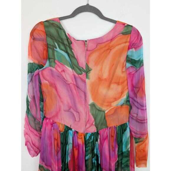Kiki Hart Dress Vintage 60s 70s Floral Designer Maxi Boho Pink Green Size 6 - Picture 5 of 11
